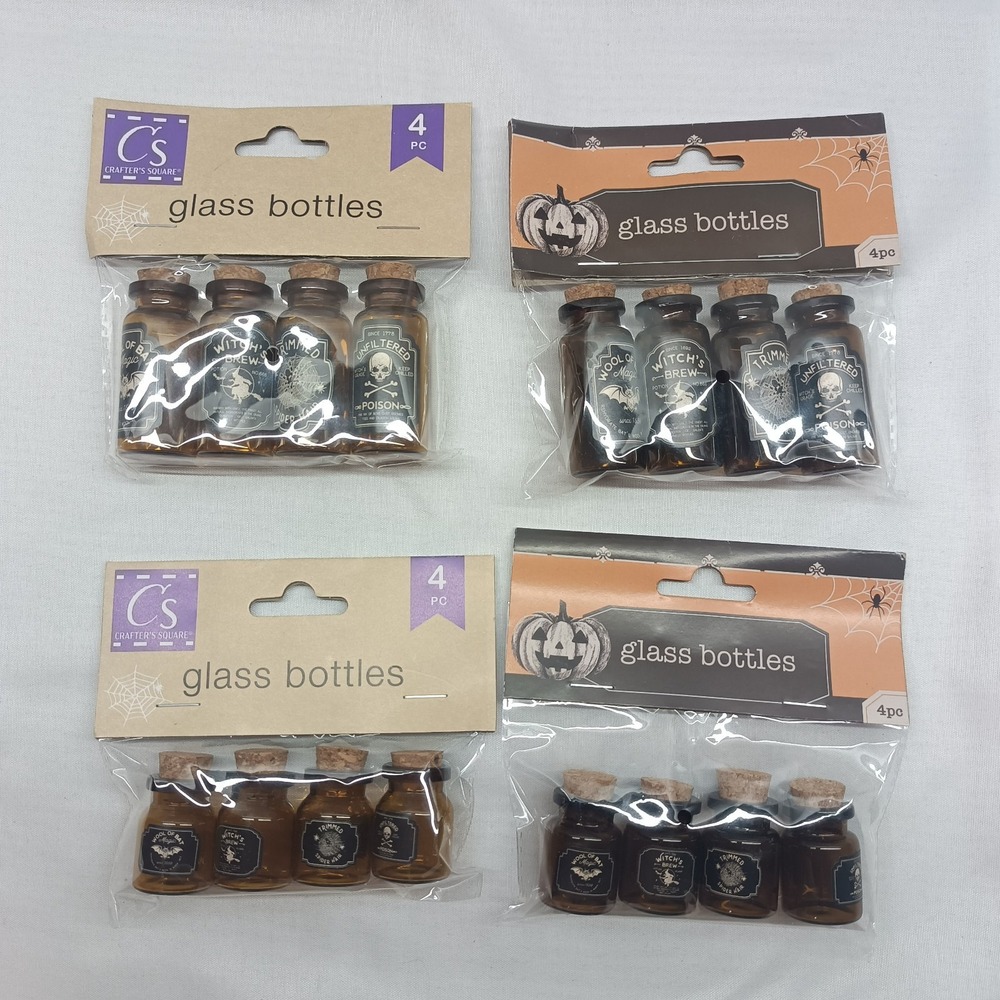 4x Halloween Apothecary Amber Brown Glass Potion Bottles Cork Spooky Creepy New